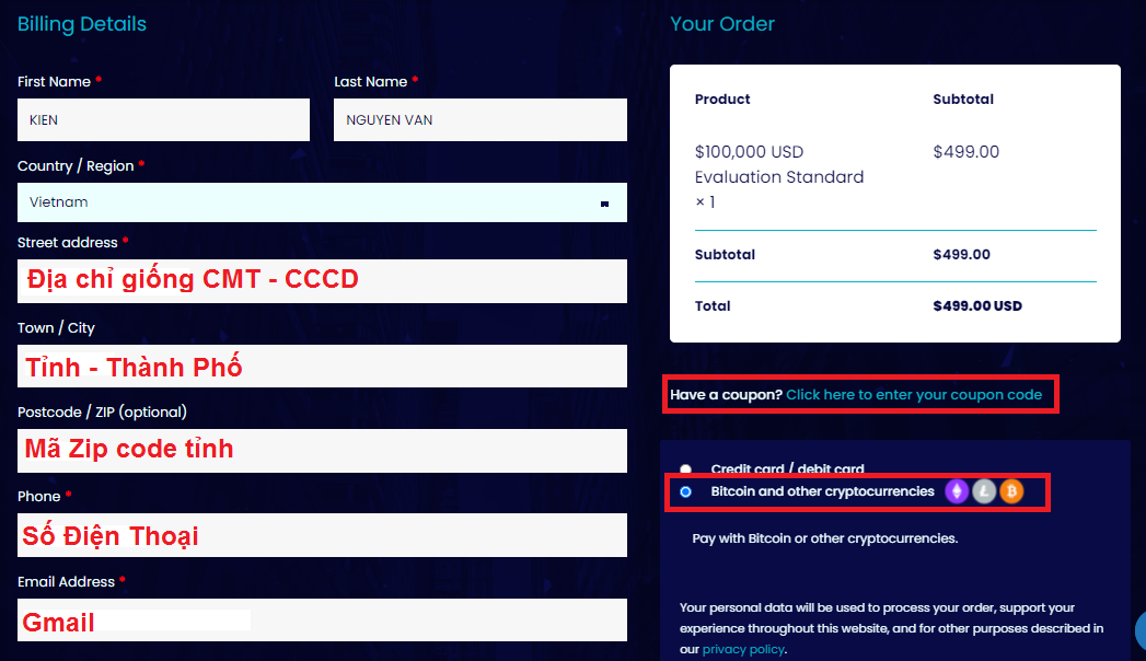 Đăng ký My forex Funds bằng Crypto - Coin, Đăng ký quỹ MFF bằng Crypto - coin